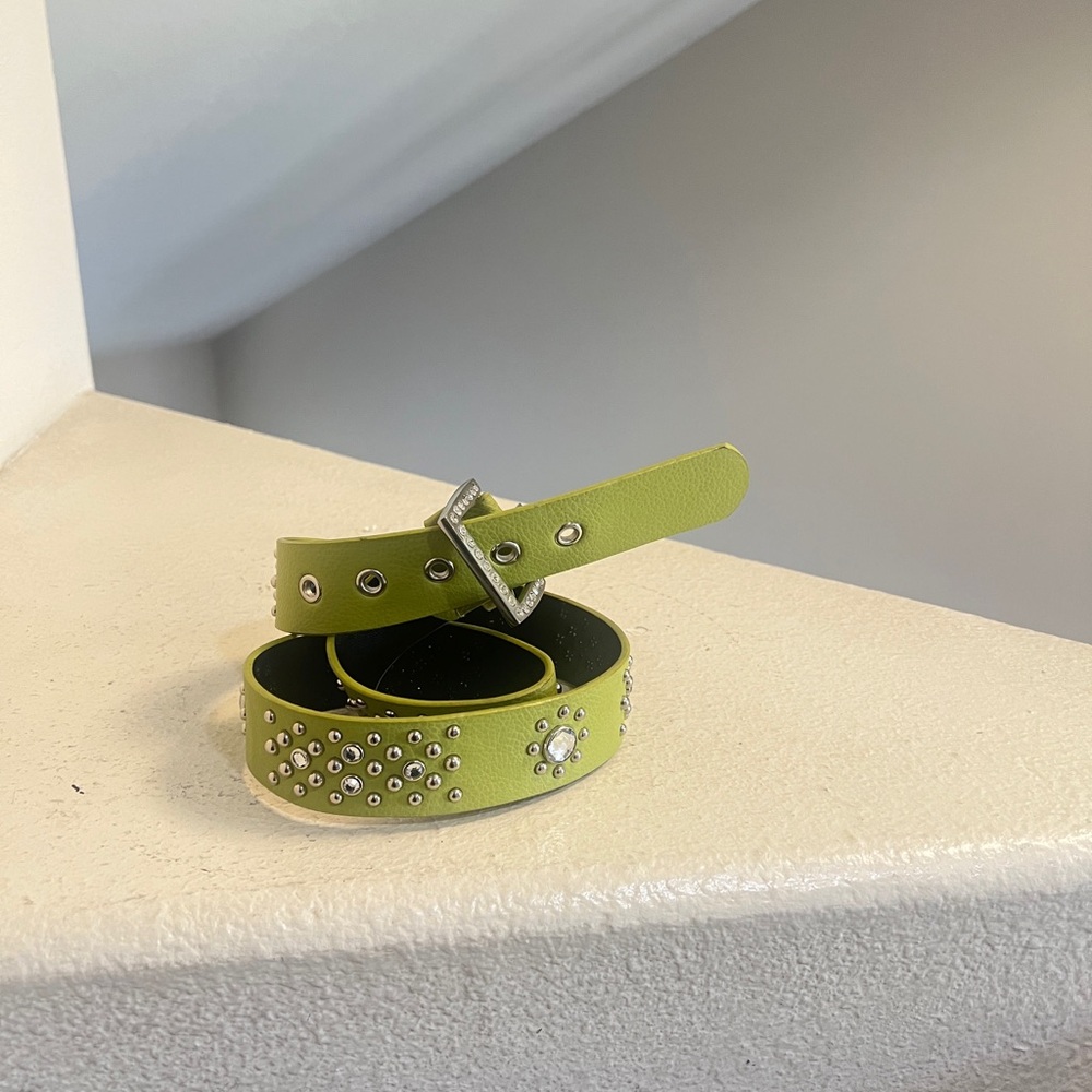 Lime Green Crystals Studded Blings Leather Belt Western‎ Boho Festive Medium